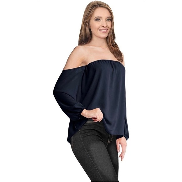 SIMLU navy Strapless Loose Off Shoulder Long Sleeve Chiffon Shirt Blouse Top - Picture 3 of 7